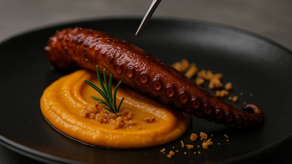 Pulpo confitado sobre crema de calabaza y toque de romero